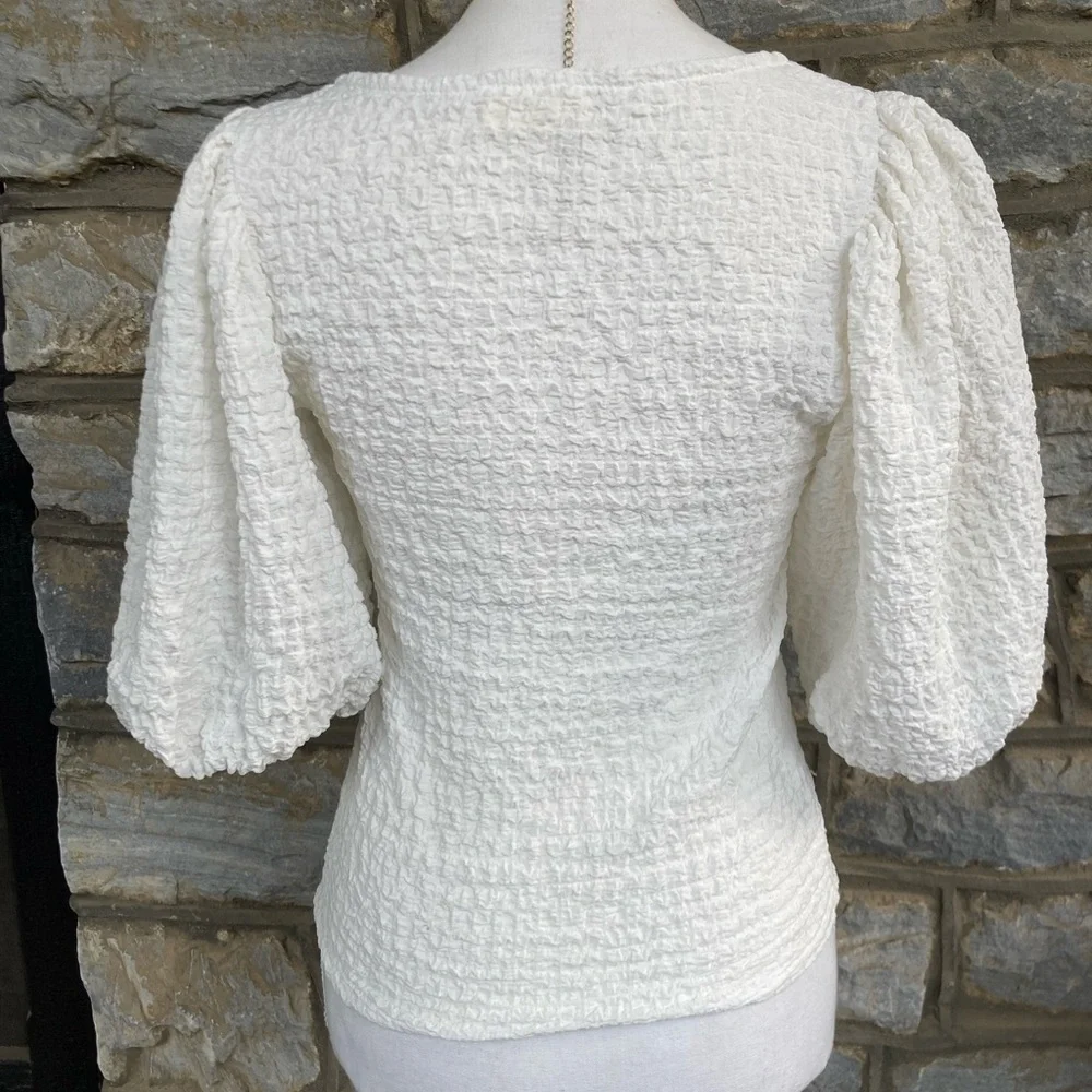 MAUVE x Anthropologie White Balloon-Sleeve Textured Top Cottagecore Resort
